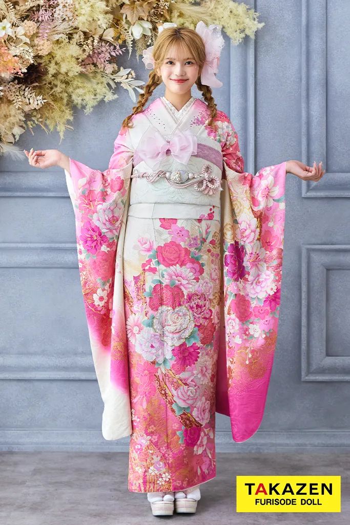 TAKAZENのレンタル振袖 安い!キュート&ガーリー 白ピンク 牡丹柄 桂由美デザイン振袖 かわいい リボンコーデ ラブリー【通販可】32153