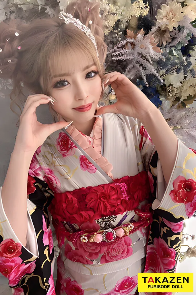 TAKAZENのレンタル振袖 キュートガーリー　白/ピンク/黒　バラ柄　セシルマクビー　ブランド振袖　派手　かわいい　ギャル　ゆいちゃみ【通販可】32156