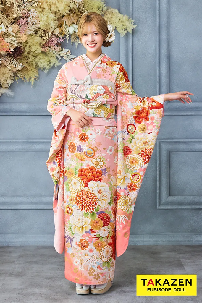 TAKAZENのレンタル振袖 安い！正統派古典　ピンク　菊柄　かわいい　はんなり　上品　おしとやか【通販可】32171