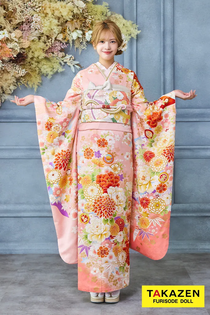 TAKAZENのレンタル振袖 安い！正統派古典　ピンク　菊柄　かわいい　はんなり　上品　おしとやか【通販可】32171