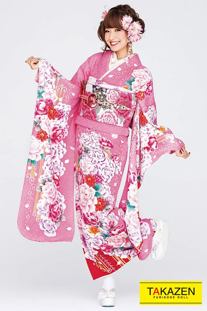 TAKAZENのレンタル振袖 激安キュートガーリー ピンク/白/赤 華やか 可愛い ラブリー系 安い振袖 お得【通販可】32186