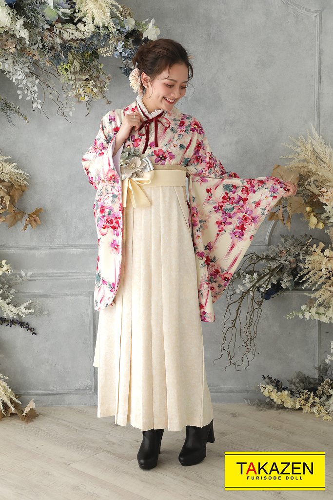 TAKAZENのレンタル袴 キュート&ガーリー　白/クリーム/ピンク　JILLSTUART(ジルスチュアート)　リボン半衿　かわいい【通販可】C31034