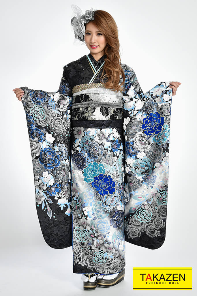TAKAZENのレンタル振袖 安い！モード　黒/ブルー(青色)　牡丹柄　派手　綺麗　かっこいい振袖　桂由美デザイン　ギャル【通販可】#F0086