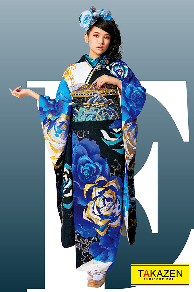 TAKAZENのレンタル振袖 激安モード　ブルー(青)/黒/金　薔薇柄　派手　豪華　クール系振袖　目立つ　ギャル振袖【通販可】#F0096
