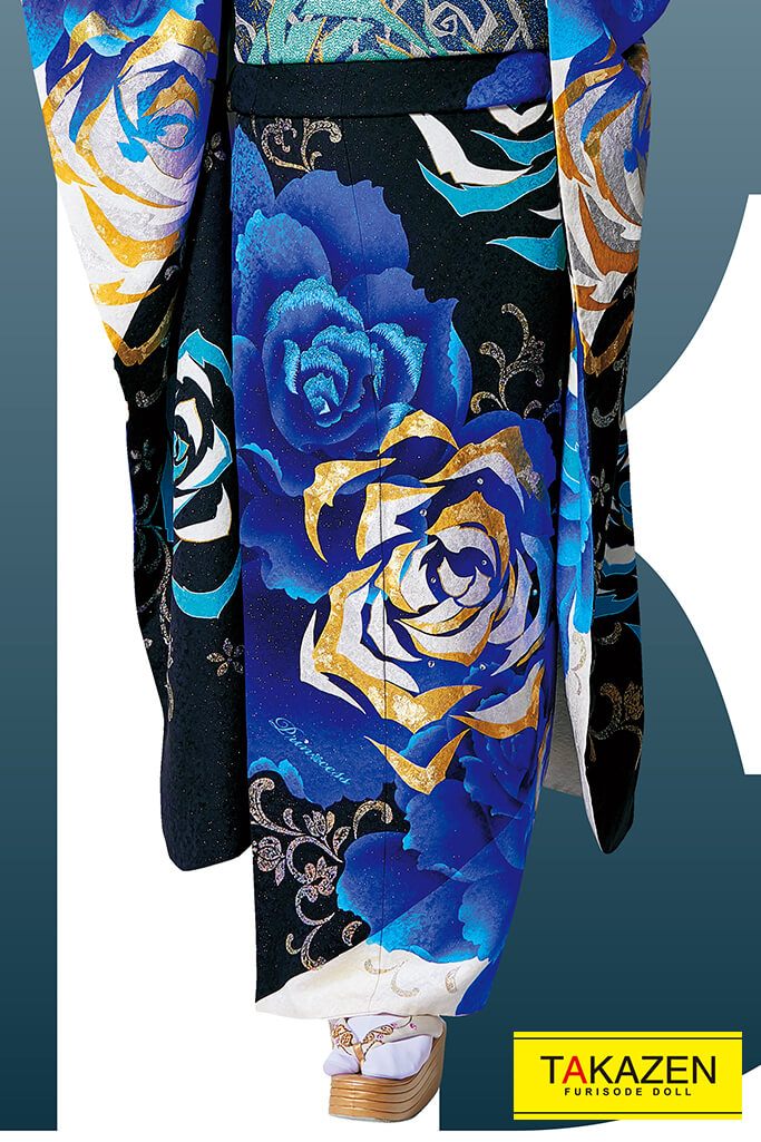 TAKAZENのレンタル振袖 激安モード　ブルー(青)/黒/金　薔薇柄　派手　豪華　クール系振袖　目立つ　ギャル振袖【通販可】#F0096