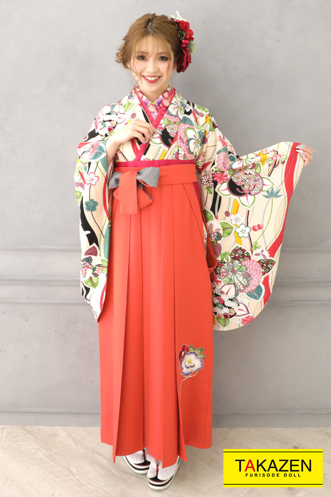 TAKAZENのレンタル袴 正統派古典　ピンクベージュ　饅頭菊　個性的　レトロモダン　おしゃれ【通販可】R32013