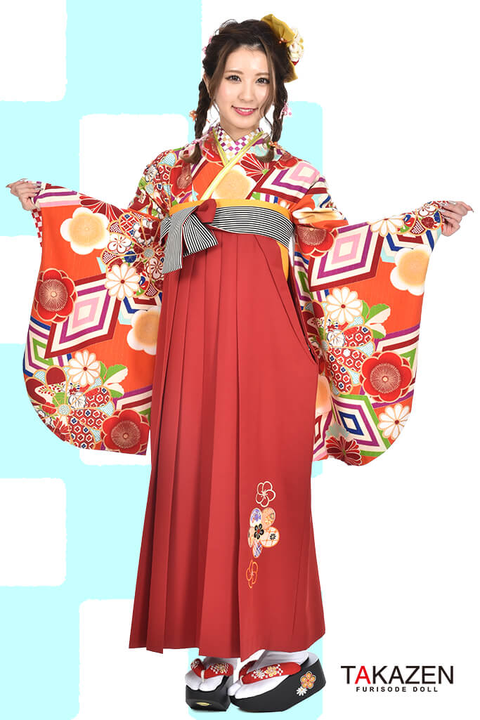 TAKAZENのレンタル袴 正統派古典　オレンジ/ビタミンカラー　菱形　大人っぽい　和柄【通販可】RY009
