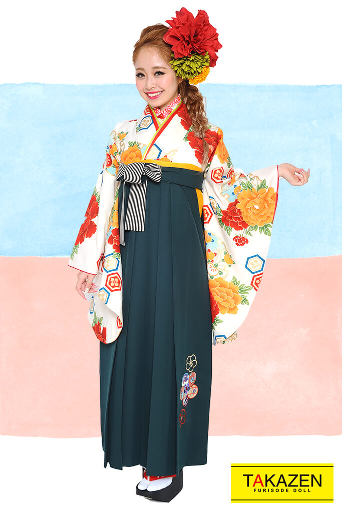 TAKAZENのレンタル袴 正統派古典　白/オレンジ/赤　牡丹柄/亀甲模様　人気　王道古典　華やか【通販可】RY079