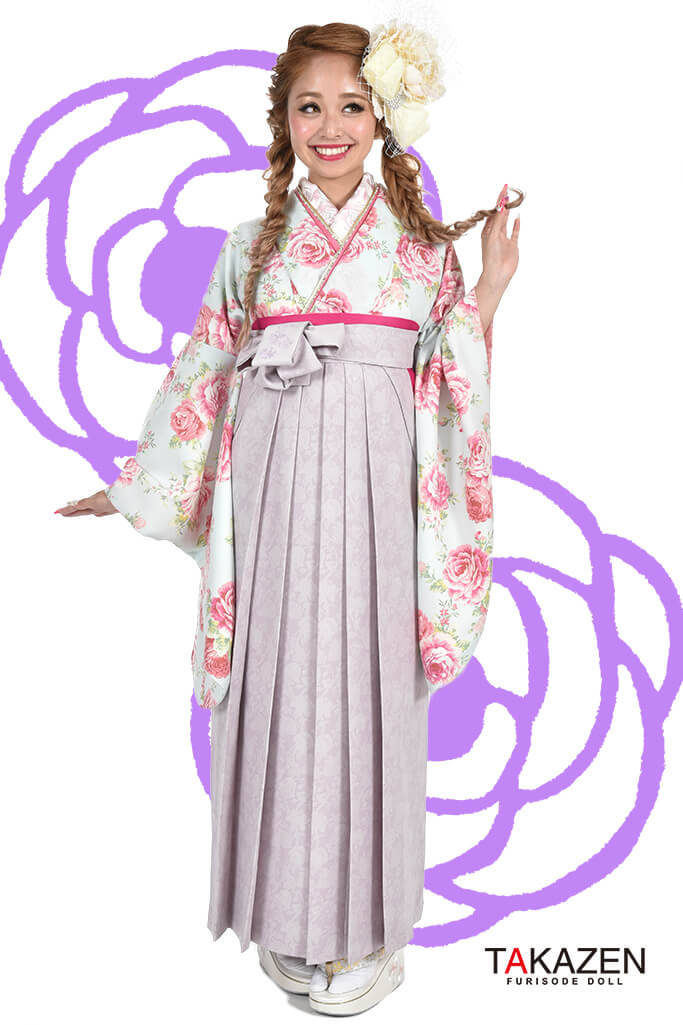 TAKAZENのレンタル袴 キュート＆ガーリー　リズリサ　水色　バラ柄　かわいい　ゆめかわ　ラブリー【通販可】　RY111