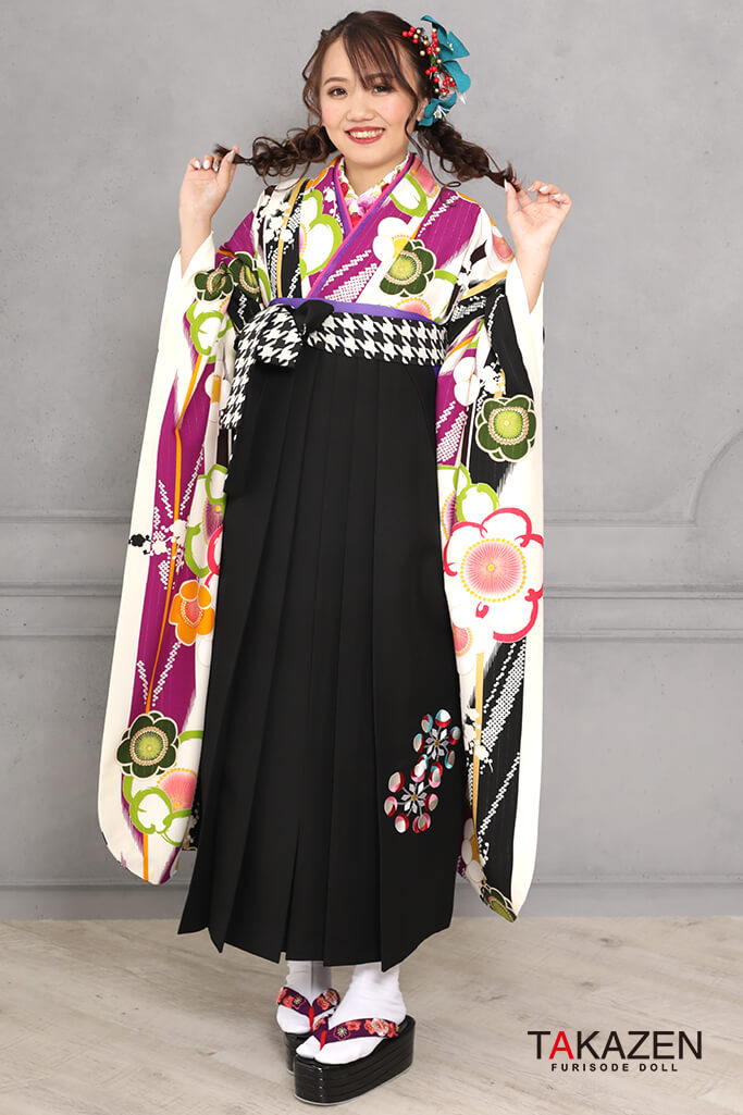 TAKAZENのレンタル袴 レトロ 白/黒/紫 梅柄/矢絣柄 古典柄 大人っぽい 上品【通販可】RY115