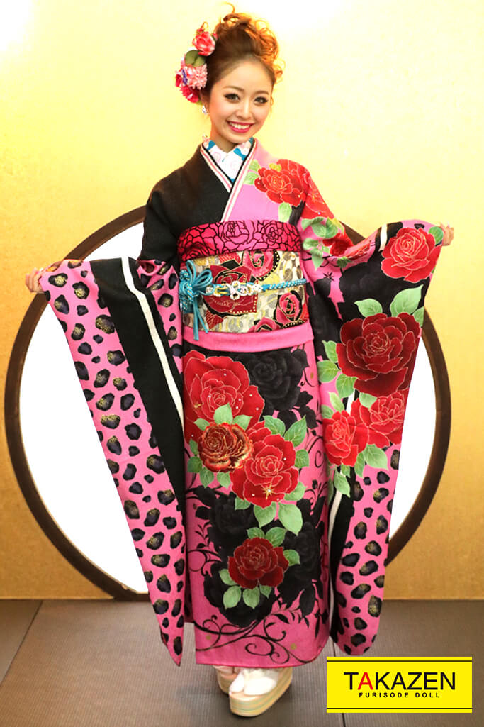 TAKAZENのレンタル振袖 モード　黒/ピンク　ヒョウ柄　大人気　派手かわいい振袖　目立つ　ギャル系【通販可】　YK0122