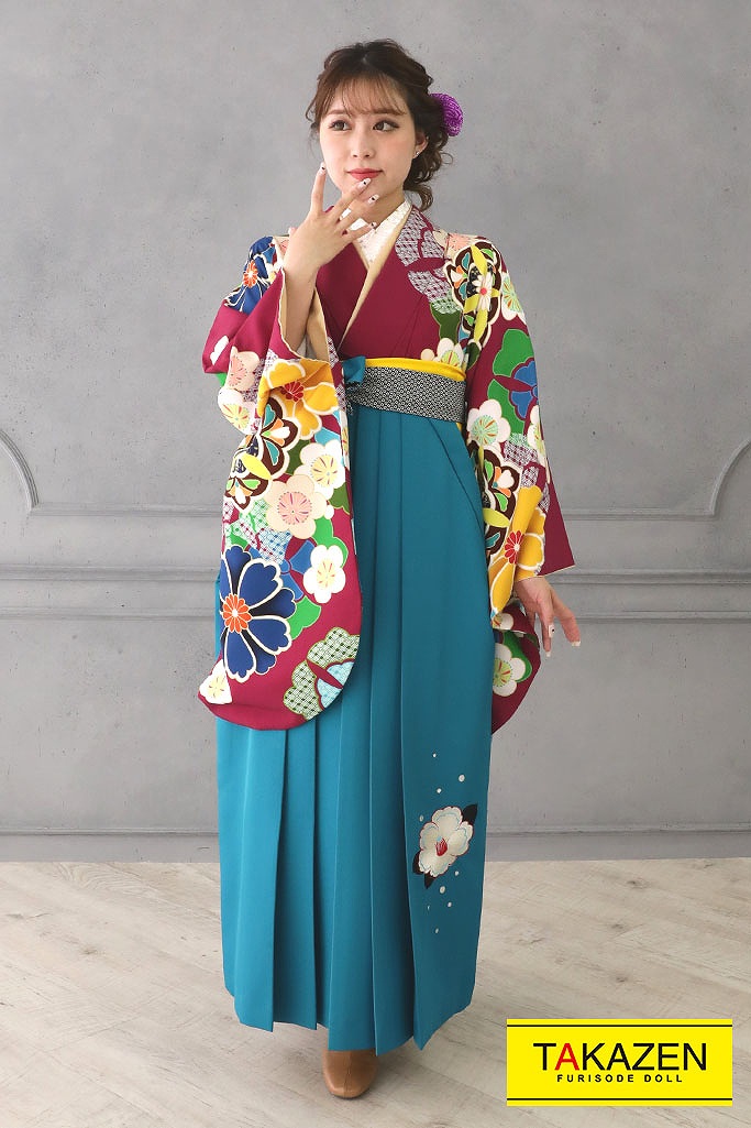 TAKAZENのレンタル袴 藤田ニコル(ニコるん)　ワインレッド/黄色　桜柄　個性的　目立つ　古典【通販可】R21060