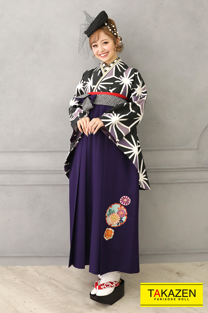 TAKAZENのレンタル袴 正統派古典　黒/グレー　麻の葉模様　シンプル　大人っぽい　大正ロマン【通販可】RY133
