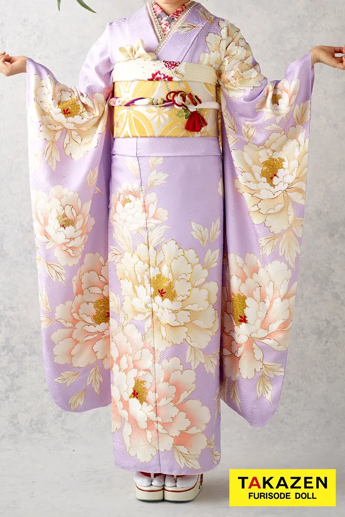 TAKAZENのレンタル振袖 正統派古典　紫/クリーム/パステルカラー/淡い色　大柄/牡丹柄　古典　シンプル振袖　上品【通販可】22012