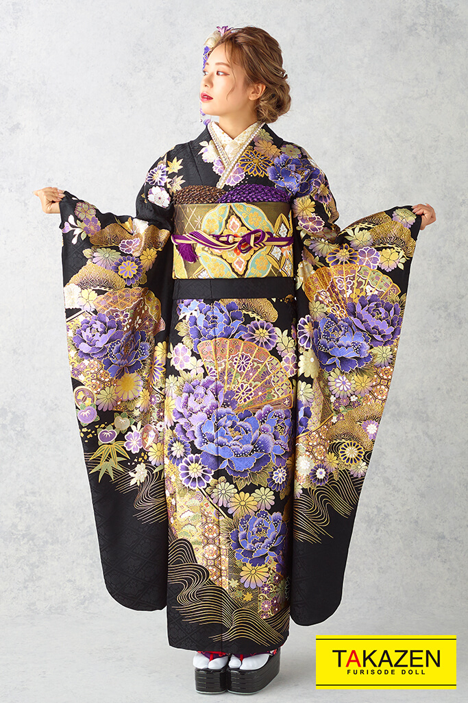 TAKAZENのレンタル振袖 粋古典　黒/紫/ゴールド(金色)　牡丹柄/扇柄　派手　かっこいい　最高級金彩古典振袖　目立つ　かっこいい　キラキラスワロフスキー付き【通販可】22022