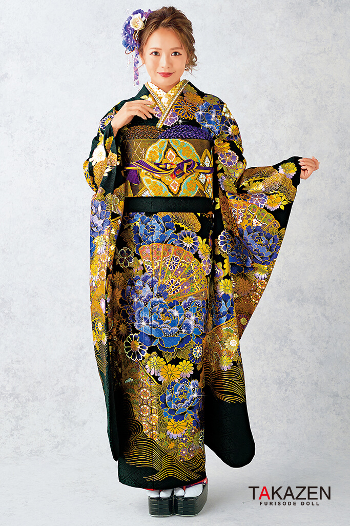 TAKAZENのレンタル振袖 粋古典　黒/紫/ゴールド(金色)　牡丹柄/扇柄　派手　かっこいい　最高級金彩古典振袖　目立つ　かっこいい　キラキラスワロフスキー付き【通販可】22022
