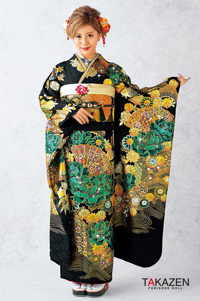 TAKAZENのレンタル振袖 粋古典　黒/緑/ゴールド(金色)　牡丹柄　派手　人と被らない　かっこいい　最高級金彩古典　キラキラスワロフスキー付き【通販可】22023