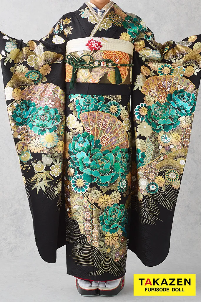 TAKAZENのレンタル振袖 粋古典　黒/緑/ゴールド(金色)　牡丹柄　派手　人と被らない　かっこいい　最高級金彩古典　キラキラスワロフスキー付き【通販可】22023