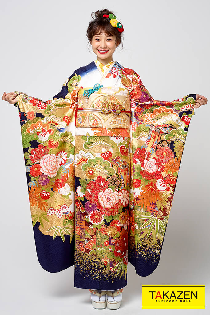 TAKAZENのレンタル振袖 桂由美プレミアム　白/青色　牡丹柄　豪華　上品古典　高級振袖　華やか　桂由美プレミアム振袖【通販可】22024
