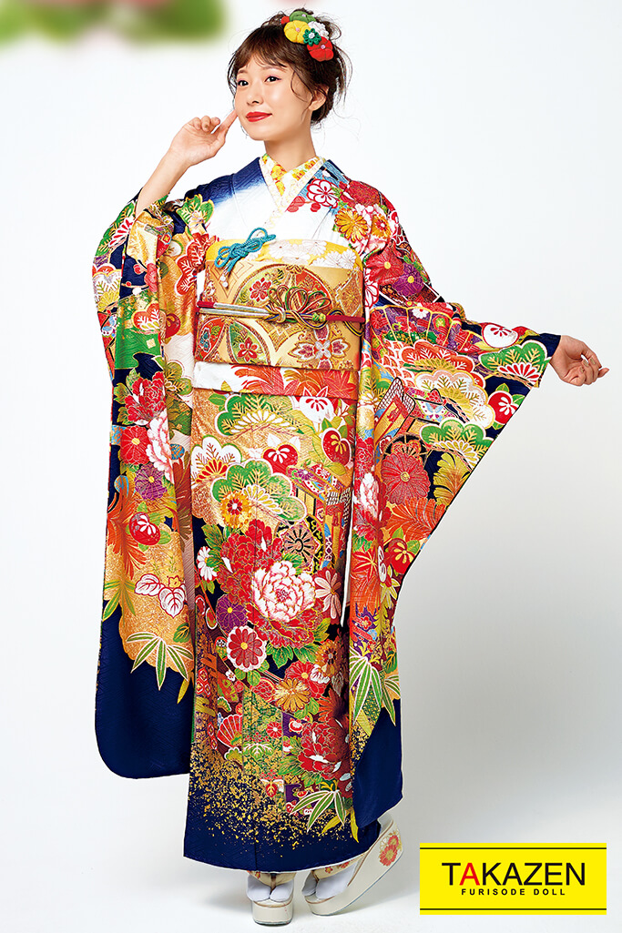 TAKAZENのレンタル振袖 桂由美プレミアム　白/青色　牡丹柄　豪華　上品古典　高級振袖　華やか　桂由美プレミアム振袖【通販可】22024