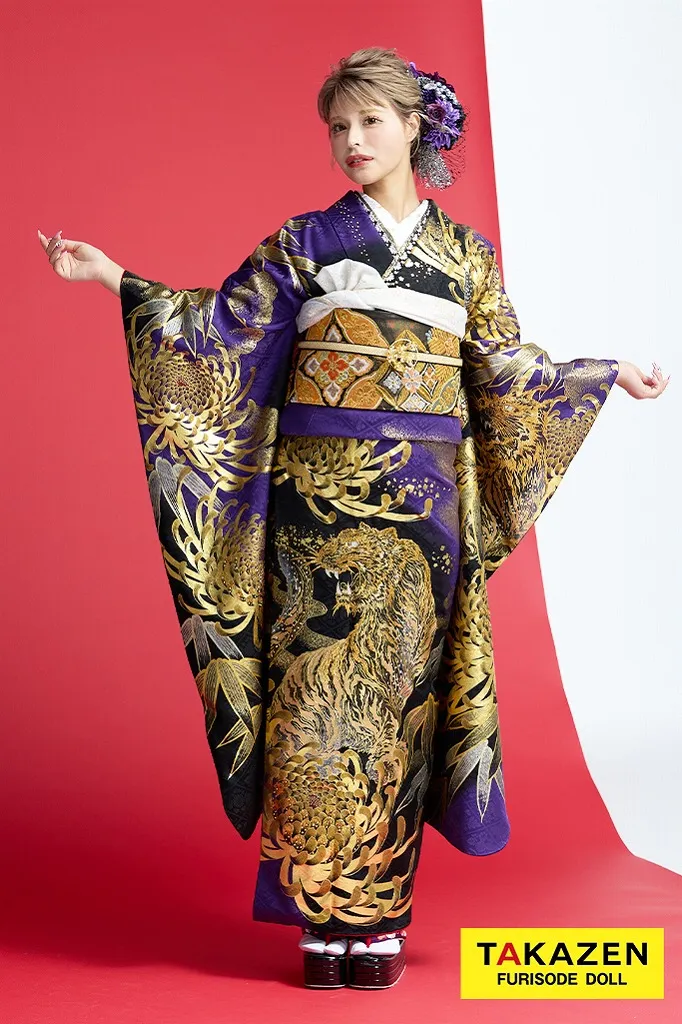 TAKAZENのレンタル振袖 ジャパンモード　紫/ゴールド(金色)　本家虎柄　一番目立つ　ギャル振袖　ド派手　渋い　キラキラスワロフスキー付き　花魁風　今井アンジェリカ【通販可】22040