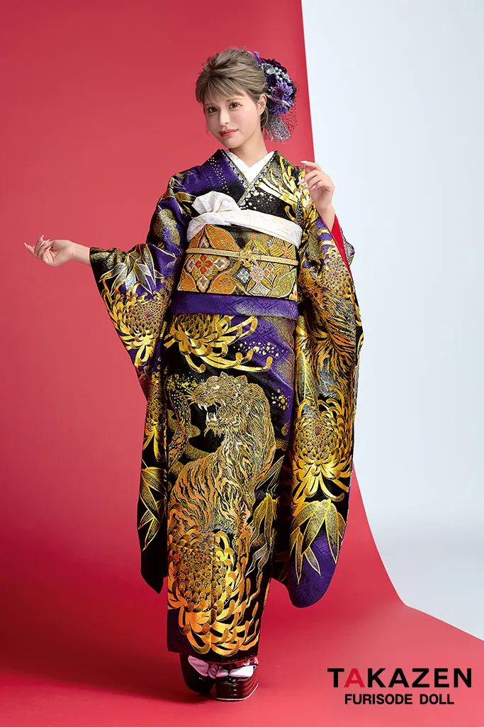 TAKAZENのレンタル振袖 ジャパンモード　紫/ゴールド(金色)　本家虎柄　一番目立つ　ギャル振袖　ド派手　渋い　キラキラスワロフスキー付き　花魁風　今井アンジェリカ【通販可】22040