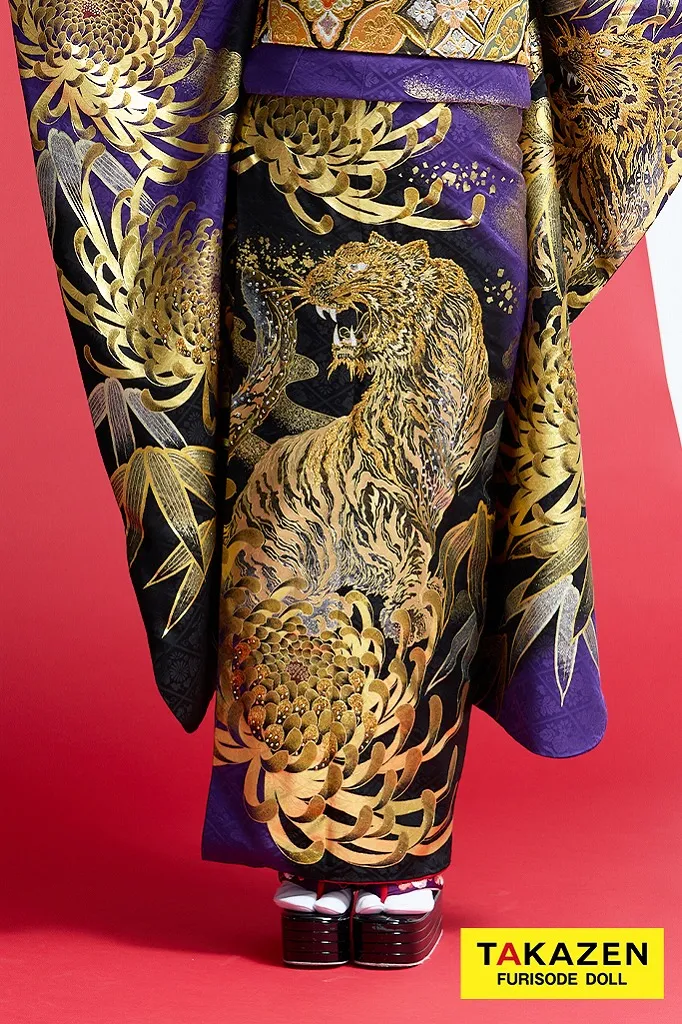 TAKAZENのレンタル振袖 ジャパンモード　紫/ゴールド(金色)　本家虎柄　一番目立つ　ギャル振袖　ド派手　渋い　キラキラスワロフスキー付き　花魁風　今井アンジェリカ【通販可】22040