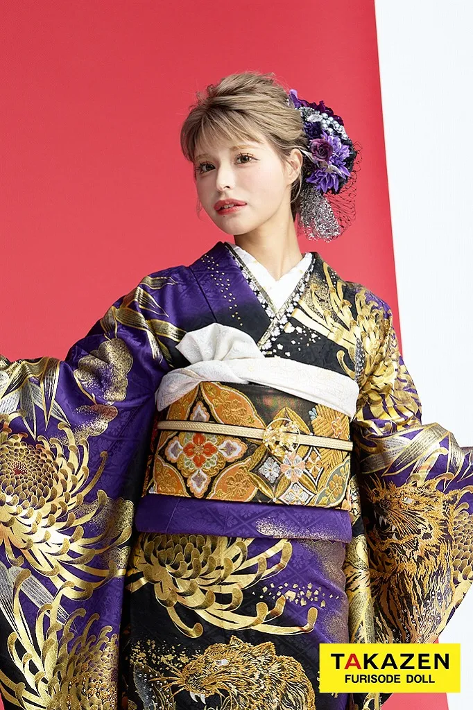 TAKAZENのレンタル振袖 ジャパンモード　紫/ゴールド(金色)　本家虎柄　一番目立つ　ギャル振袖　ド派手　渋い　キラキラスワロフスキー付き　花魁風　今井アンジェリカ【通販可】22040