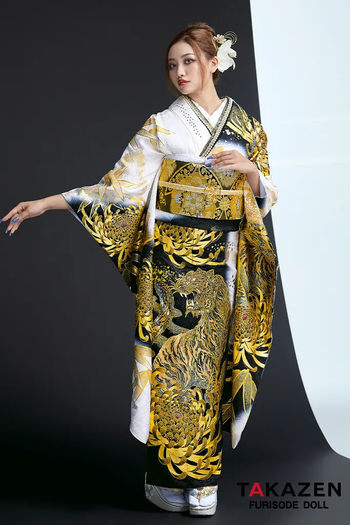 TAKAZENのレンタル振袖 ジャパンモード　白/黒/ゴールド(金色)　本家トラ柄　一番派手　絶対目立つ振袖　ゴージャス　スワロフスキー付き　いかつい　中村りおん【通販可】22042
