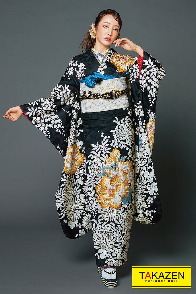 TAKAZENのレンタル振袖 モード　黒/白　乱菊柄　大人可愛い　渋い　目立つ　ナチュラルビューティーブランド振袖　坂本礼美【通販可】22052