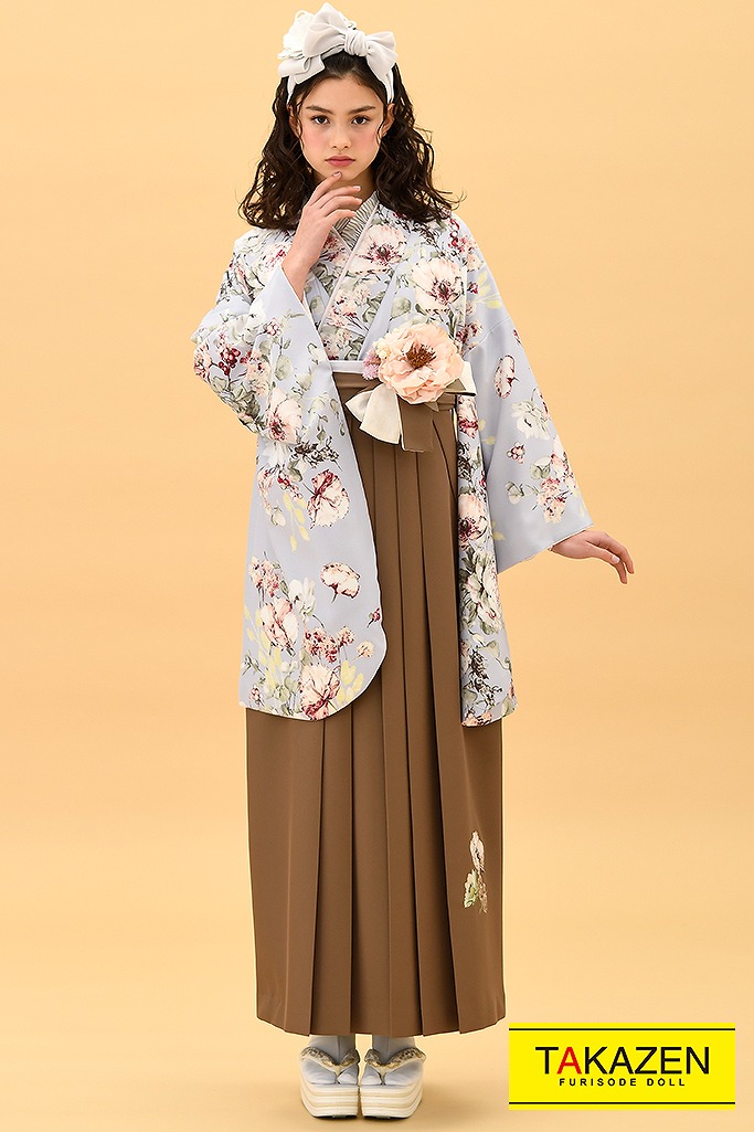 TAKAZENのレンタル袴 くすみカラーガーリー　くすみブルー/ダスティーカラー　ボタニカルフラワー　かわいい　今どき【通販可】K22011