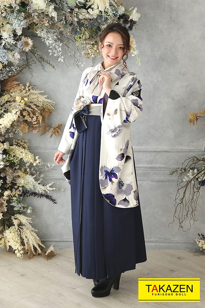 TAKAZENのレンタル袴 JAPANSTYLE×中村里砂ブランド袴　くすみカラーガーリー　白/オフホワイト/紫/ブルー　水彩画風　大人っぽい　おしゃれ【通販可】R22014
