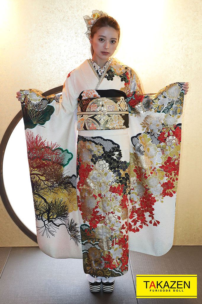 TAKAZENのレンタル振袖 ジャパンモード　白/ゴールド(金色)　針松柄/桜柄　渋い　花魁風　派手振袖　煌びやか　うかちゃん【通販可】G11
