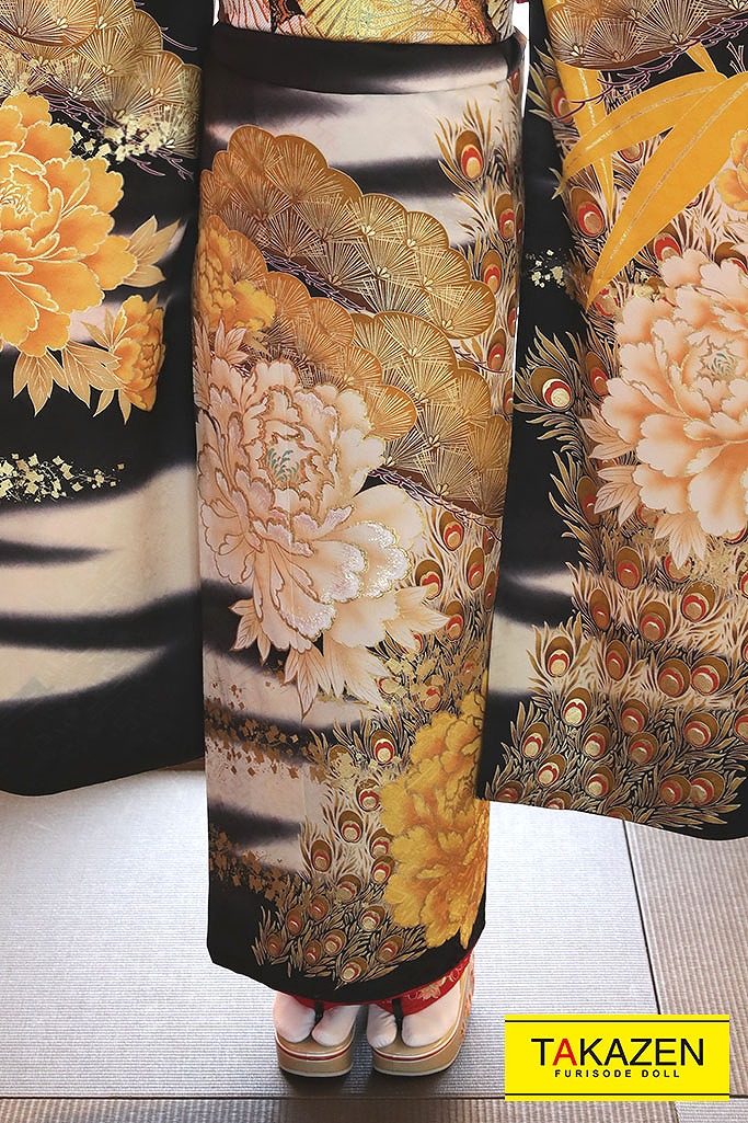 TAKAZENのレンタル振袖 ジャパンモード　黒/黄　牡丹柄　花魁風　渋い　派手　かっこいい　ギャル系振袖　中村りおん【通販可】G21
