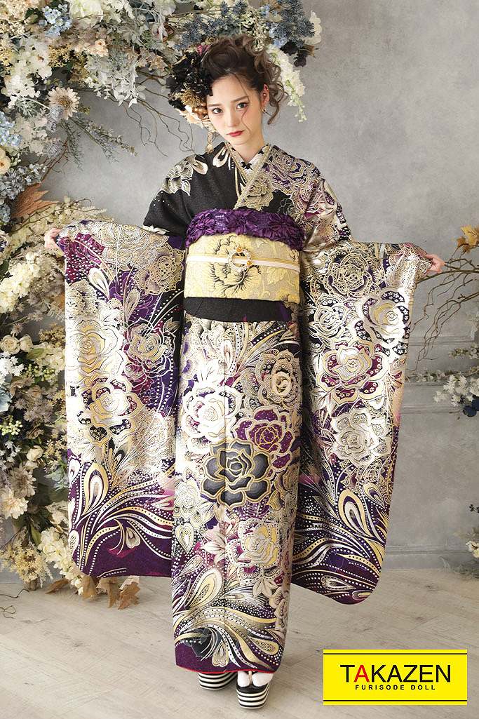 TAKAZENのレンタル振袖 モード　紫/シルバー(銀色)　薔薇柄　派手　かっこいい振袖　グラマラス系　スパンコール付き　一番目立つ　ゴージャス　【通販可】G29