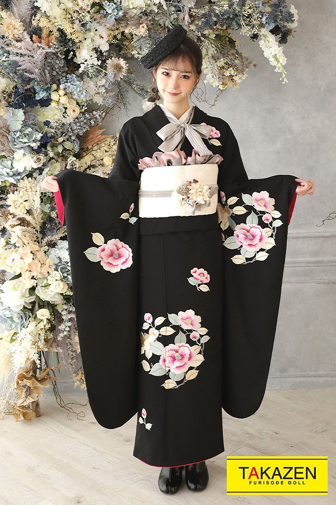 TAKAZENのレンタル振袖 格安レトロ　黒/ピンク　ツバキ柄　シンプル　アンティーク調振袖ネットレンタル　ワンポイント　リボン衿【通販可】G31
