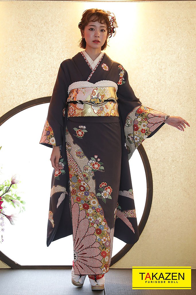 TAKAZENのレンタル振袖 プレミアム古典　グレー/グレージュ　絞り/花柄　シンプル　大人っぽい古典　高級振袖　ちりめん生地【通販可】G37