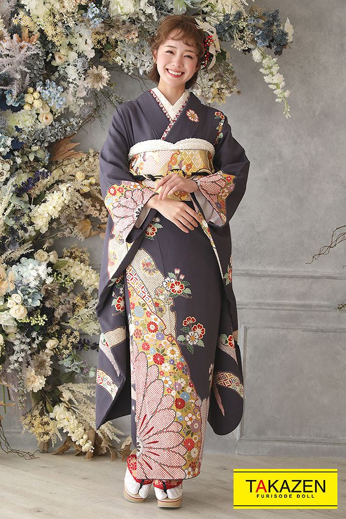 TAKAZENのレンタル振袖 プレミアム古典　グレー/グレージュ　絞り/花柄　シンプル　大人っぽい古典　高級振袖　ちりめん生地【通販可】G37
