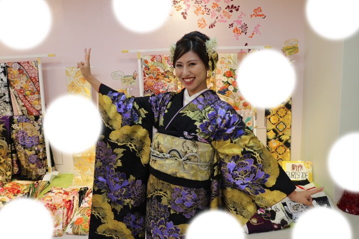 TAKAZEN タカゼン モード 黒色 青色 派手 キラキラ 振袖 成人式 レンタル