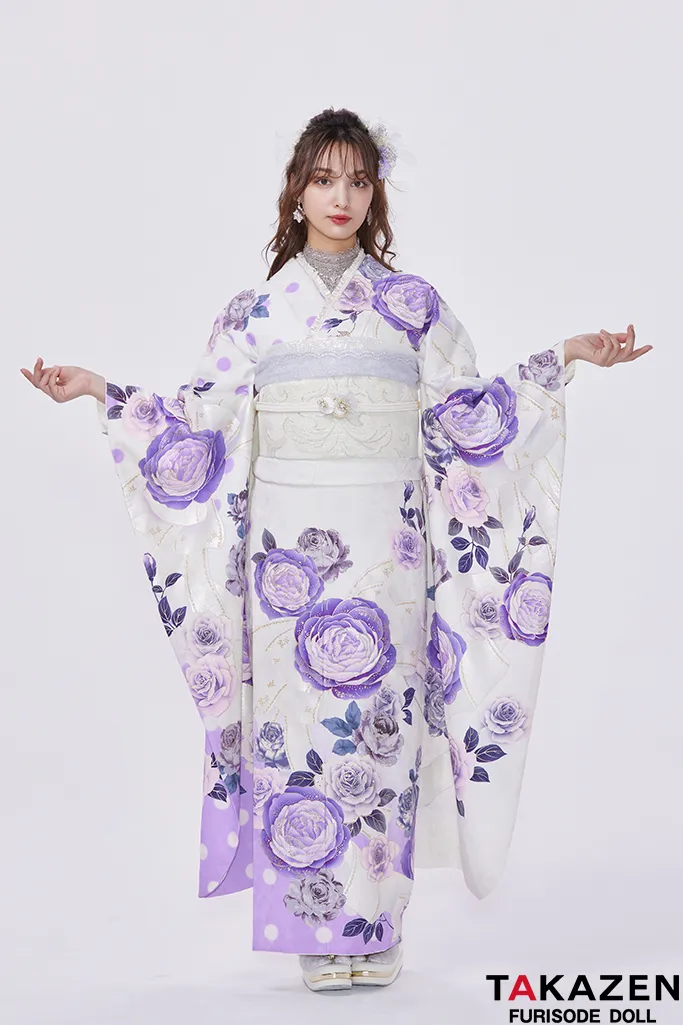 TAKAZENのレンタル振袖 ヘップバーン　薄紫/白　バラ柄/リボン柄　セレブ　キラキラスワロフスキー付き　エレガント　人気振袖　香川るな【通販可】22038