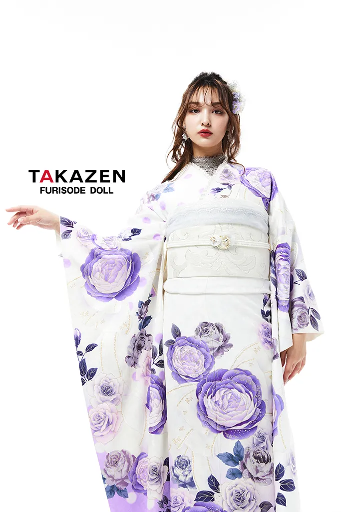 TAKAZENのレンタル振袖 ヘップバーン　薄紫/白　バラ柄/リボン柄　セレブ　キラキラスワロフスキー付き　エレガント　人気振袖　香川るな【通販可】22038