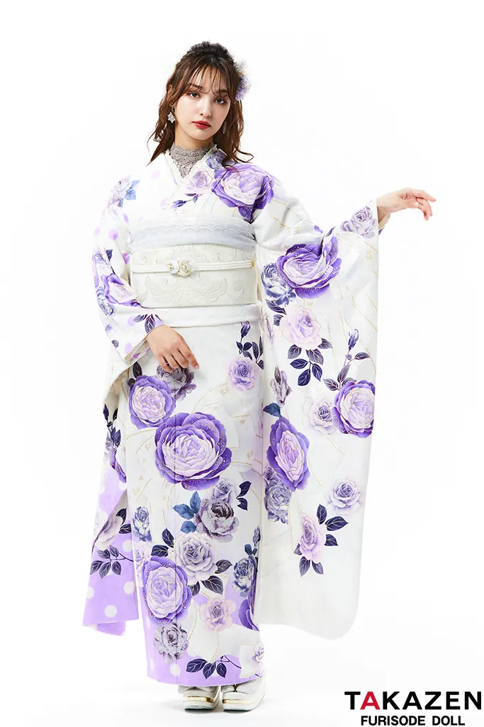 TAKAZENのレンタル振袖 ヘップバーン　薄紫/白　バラ柄/リボン柄　セレブ　キラキラスワロフスキー付き　エレガント　人気振袖　香川るな【通販可】22038