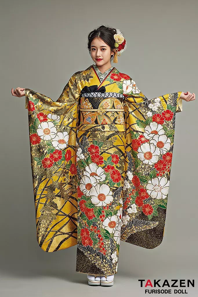 TAKAZENのレンタル振袖 最高級古典柄振袖　滝泰/最高級金彩刺繍絞り友禅　からし/黄/赤　牡丹柄/芭蕉　目立つ　派手　かっこいい　綺麗　天翔天音【通販可】23020
