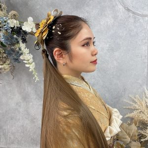 振袖 可愛い からし レース ストレートヘア エクステ ポ二ー