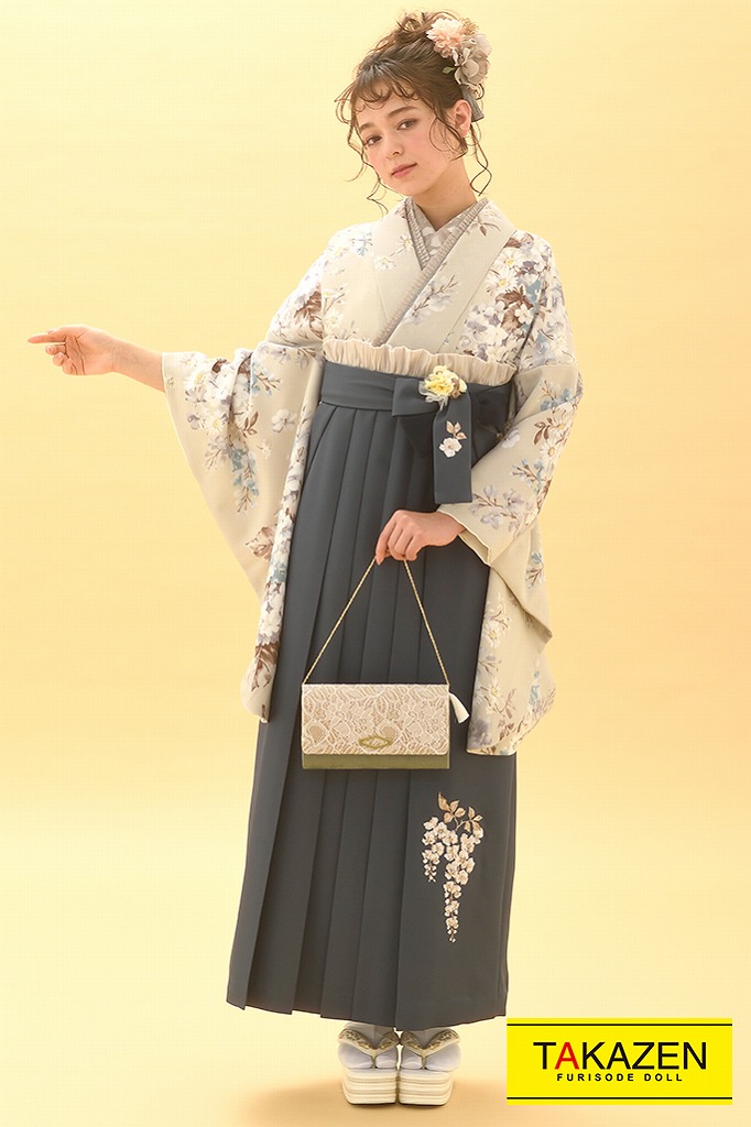 TAKAZENのレンタル袴 くすみカラーガーリー　くすみグレー/ダスティーカラー　ボタニカルフラワー　量産型　フリル小物コーデ　おしゃれ【通販可】K23003