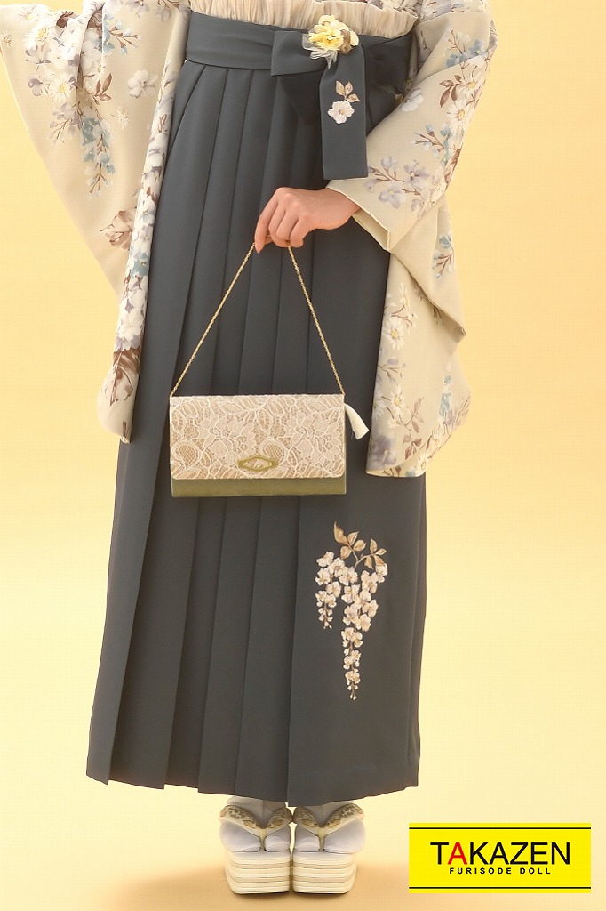 TAKAZENのレンタル袴 くすみカラーガーリー　くすみグレー/ダスティーカラー　ボタニカルフラワー　量産型　フリル小物コーデ　おしゃれ【通販可】K23003