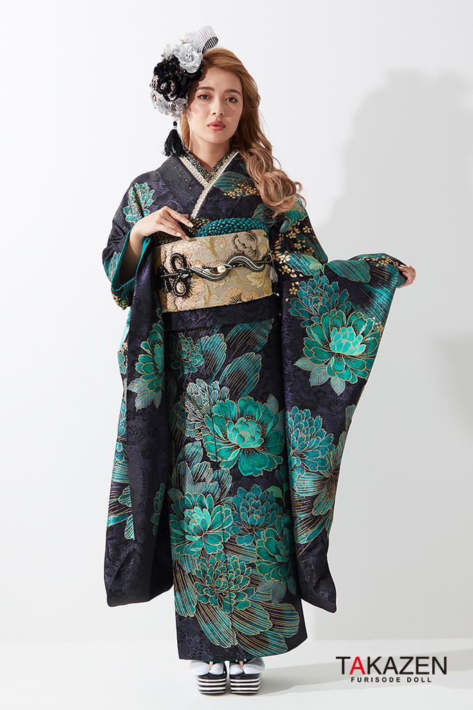 TAKAZENのレンタル振袖 クール系 黒/緑 牡丹柄 目立つ ギャル振袖 派手 かっこいい モード ゴージャス【通販可】 G49