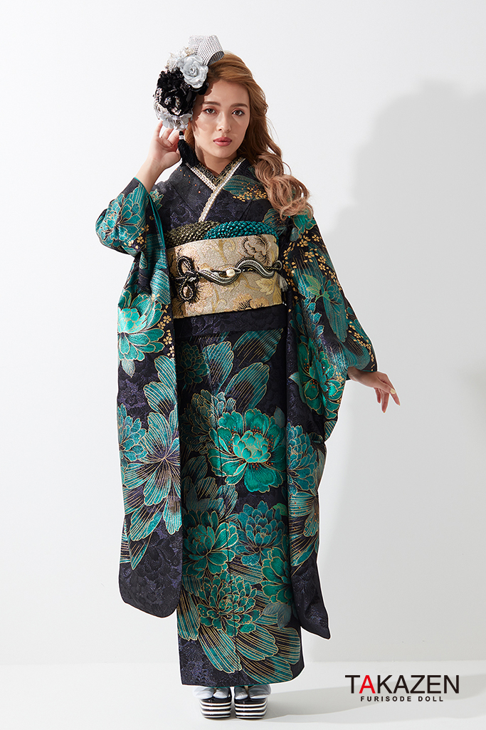 TAKAZENのレンタル振袖 クール系 黒/緑 牡丹柄 目立つ ギャル振袖 派手 かっこいい モード ゴージャス【通販可】 G49
