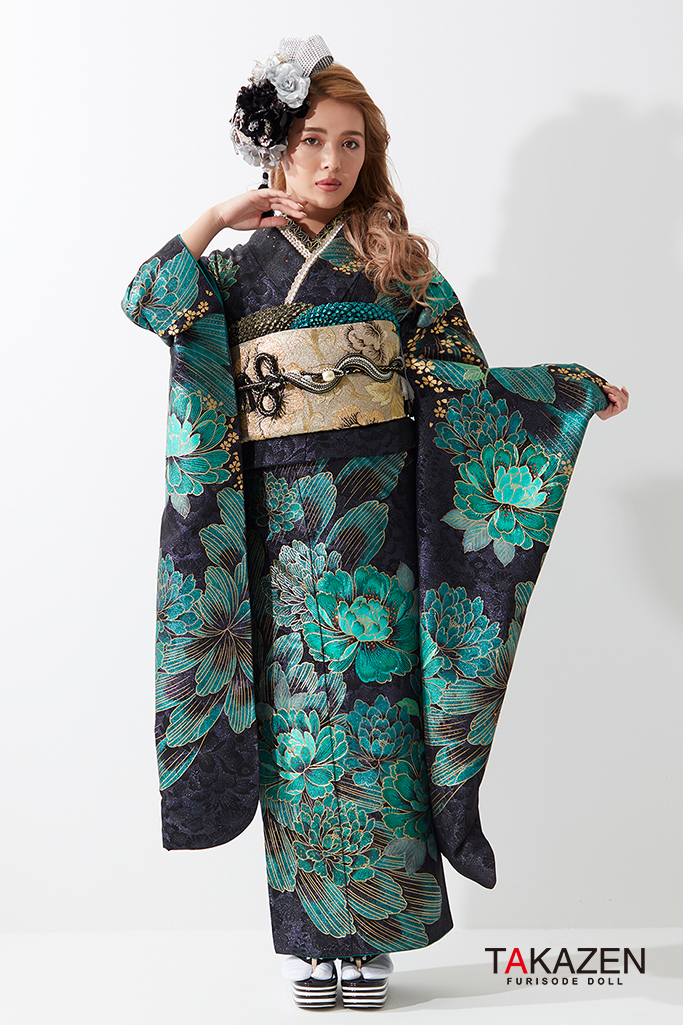 TAKAZENのレンタル振袖 クール系　黒/緑　牡丹柄　目立つ　ギャル振袖　派手　かっこいい　モード　ゴージャス【通販可】　G49