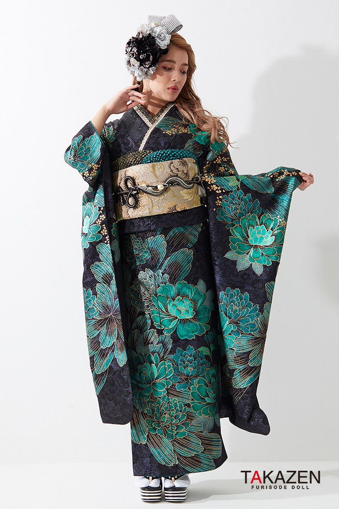TAKAZENのレンタル振袖 クール系 黒/緑 牡丹柄 目立つ ギャル振袖 派手 かっこいい モード ゴージャス【通販可】 G49
